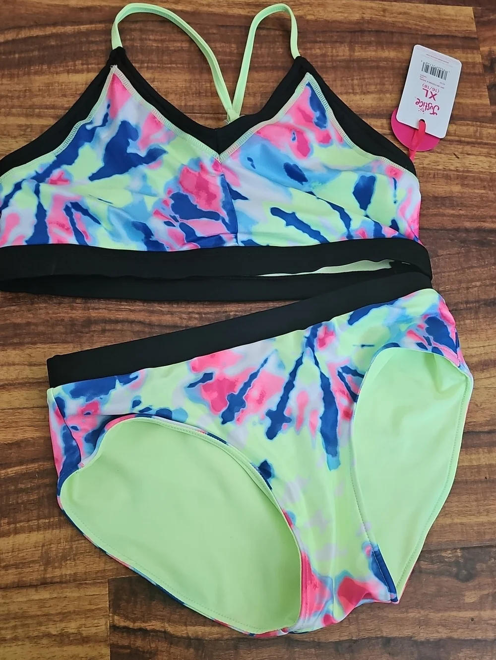 Justice Reverisable Two-Piece Swim Set - Neon Lime & Tie-Dye Sz XL16-18 Nwt